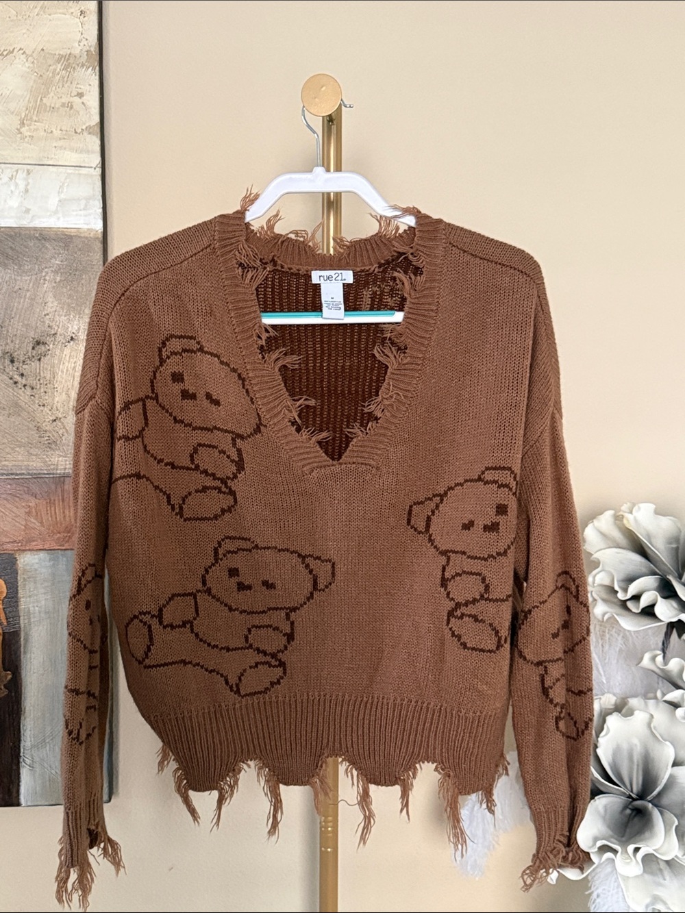 Rue21 Brown Distressed Teddy Bear V-Neck Sweater